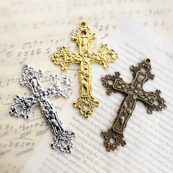 大 十字架 クロス ゴシック レリーフ 花 パーツ チャーム マルチカラー