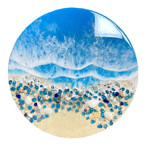 海アート「ガラス石と貝と青の海岸」レジンアート オーシャンアート