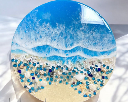 海アート「ガラス石と貝と青の海岸」レジンアート オーシャンアート