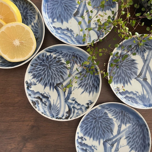 古伊万里 染付上手中皿5枚 東Y8-0106①タカチ 古伊万里 染付上手中皿5