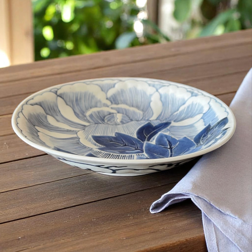 平戸 古伊万里 染付 岩に松の図 富士型変形皿 B354AS-DCk 平戸 古