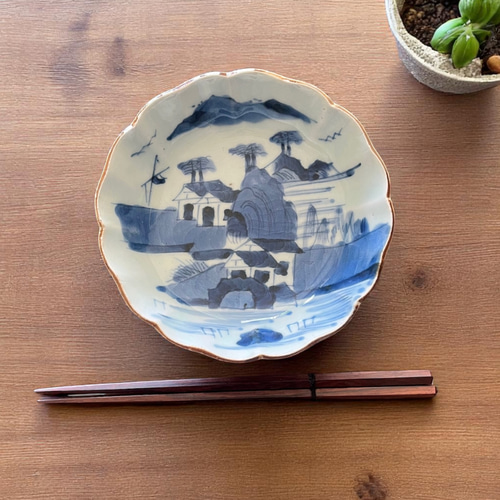 伊万里染付山水膾皿2枚組 鉄釉縁取り 手描き風景 国内残留品 お椀