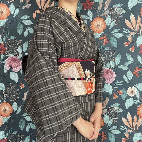 マニッシュなグレーチェック木綿着物 着物 花鹿 kajika 通販 18228218