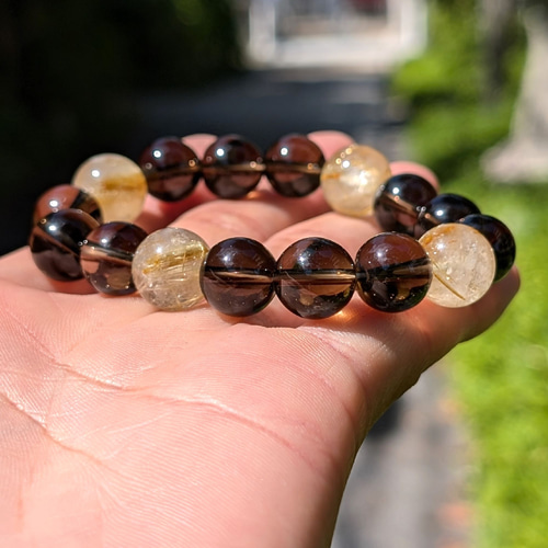 金針水晶ゴールド ルチルクォーツ 煙水晶スモーキークォーツ 数珠