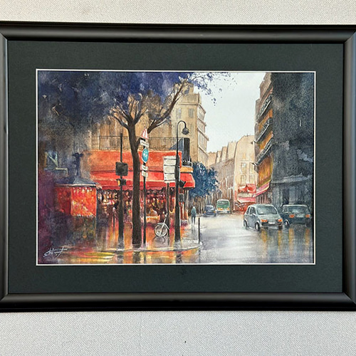 水彩アート「雨のパリ Ⅰ」1点物、手書き真筆。送料無料。 絵画