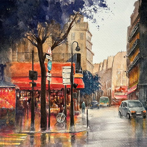 水彩アート「雨のパリ Ⅰ」1点物、手書き真筆。送料無料。 絵画