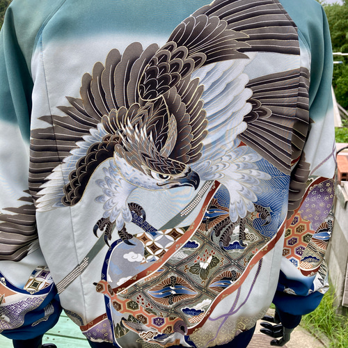 着物リメイクスカジャン 鷲 プリント リバーシブル 男の子 七五三
