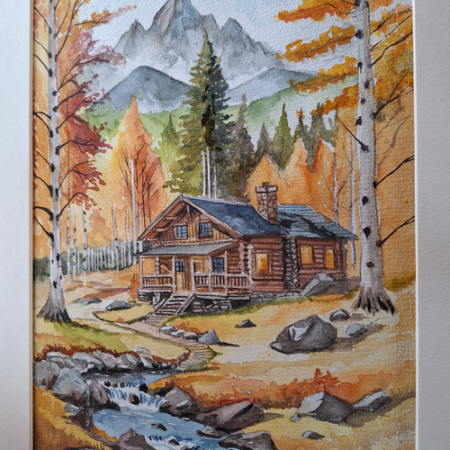 y*e様 風景画 水彩画 山と小屋 y*e様 風景画