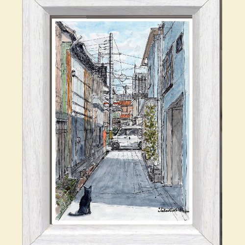 原画一点物 「古い建物が立ち並ぶ路地」 ＜ペンスケッチ＋透明水彩