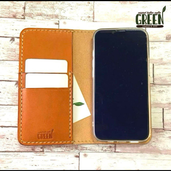 2枚ポケット付き 栃木レザー キャメル iPhoneケース 手帳型 本革