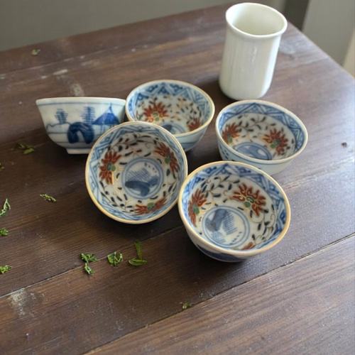 九谷赤絵お猪口5客セット（幕末〜明治期） おちょこ・ぐい呑み・徳利