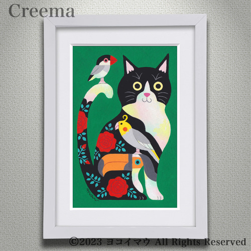 原画「ハチワレ猫と小鳥のポップ アート グリーンバージョン」ふしぎな