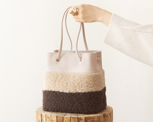 3WAY巾着バッグ｜PUxボア【ヌードxベージュxチョコ】長財布｜軽量