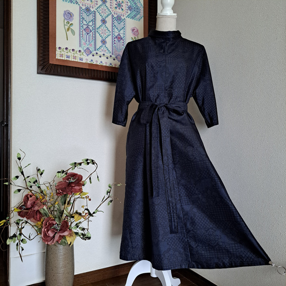 ☆ 着物リメイク/大島紬/9マルキ/一点もの/ロールカラーワンピ―ス