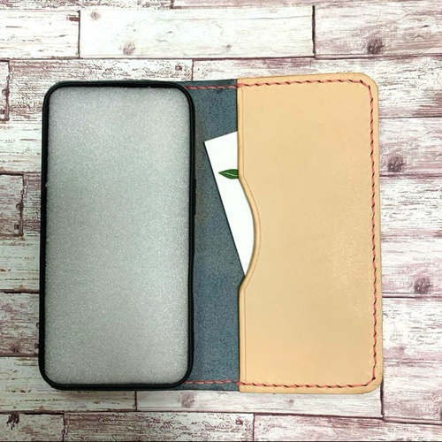 サイドポケット付き 栃木レザー ネイビー×ヌメ革 iPhoneケース