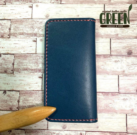 サイドポケット付き 栃木レザー ネイビー×ヌメ革 iPhoneケース