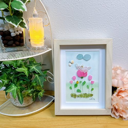 シーグラスアート no.10 一息ついてねby猫ちゃん インテリア雑貨 プチ