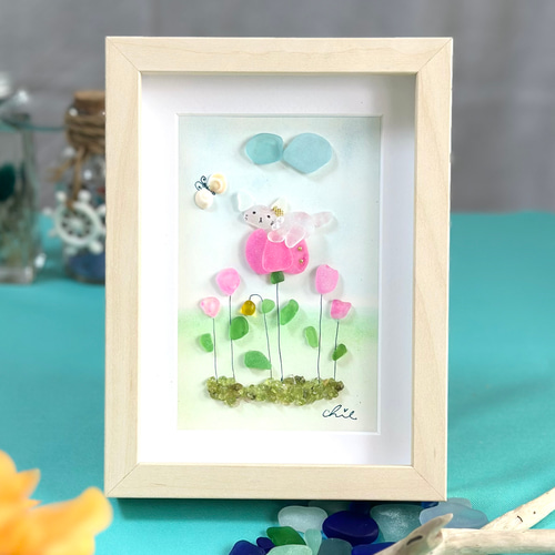 シーグラスアート no.10 一息ついてねby猫ちゃん インテリア雑貨 プチ