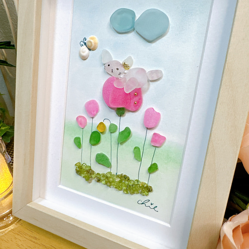 シーグラスアート no.10 一息ついてねby猫ちゃん インテリア雑貨 プチ