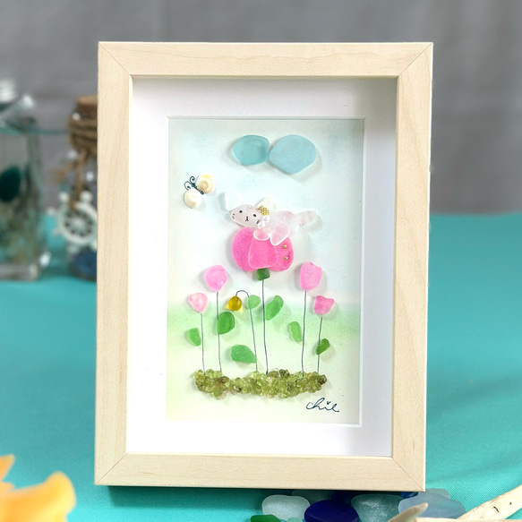 シーグラスアート no.10 一息ついてねby猫ちゃん インテリア雑貨 プチ