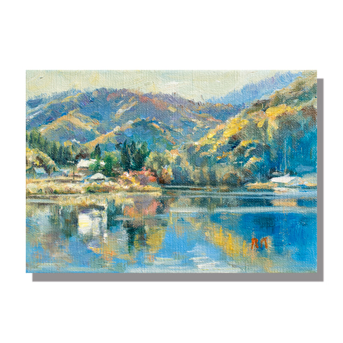 紅葉映す静寂-青木湖】ミニ油絵原画 額付き・特典付き ギフト対応 絵画