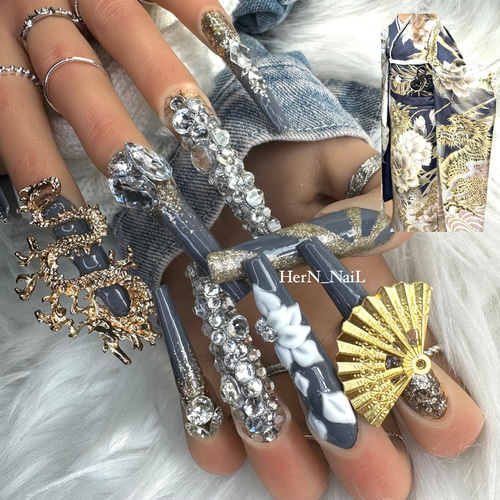 グレードラゴン扇子成人式振袖ネイルチップ ネイルチップ（つけ爪