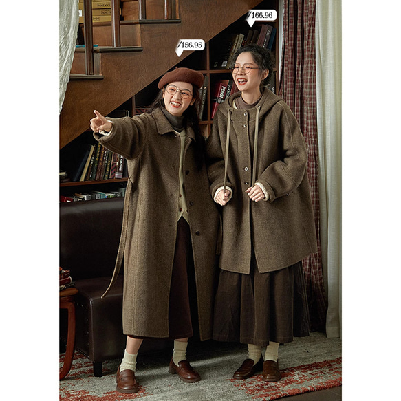 100%ウールツイード生地コート 地厚ウールコート フード付き グレーと