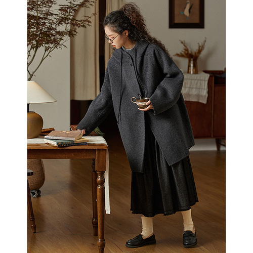 100%ウールツイード生地コート 地厚ウールコート フード付き グレーと