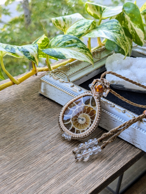 ☆アンモナイト(化石)☆マクラメ編みネックレス 230・マクラメ