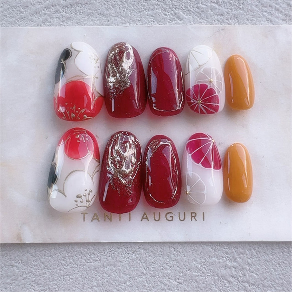 豪華 高級 成人式 ネイルチップ 花のネイルアート4本 贅沢 赤 レッド