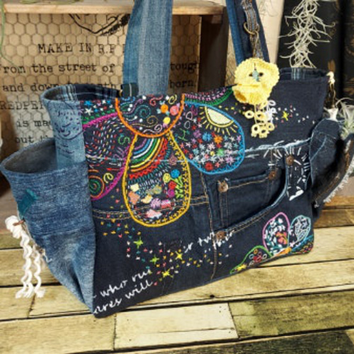 刺繍デニムバック No.554 デニムリメイク ショルダーバッグ サイド