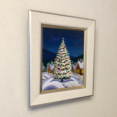 星降る夜のクリスマス03」アクリル画 額縁付 原画 キャンバス F3サイズ