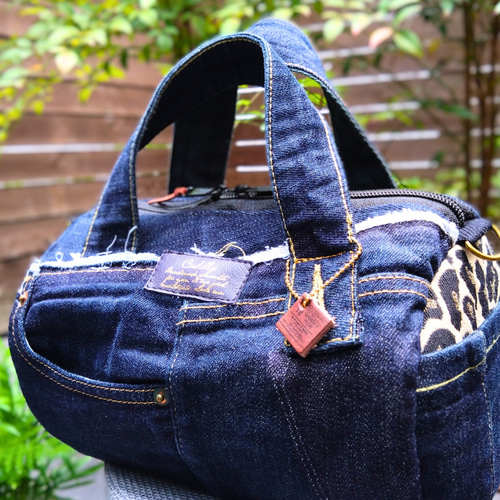 №737 【DENIM❌️Leopardドラム缶型ハンドバッグ♥】デニムリメイク