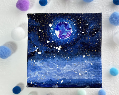 10cm】夜空 月夜 キャンバスアート カラフル アクリル絵の具 ※運気