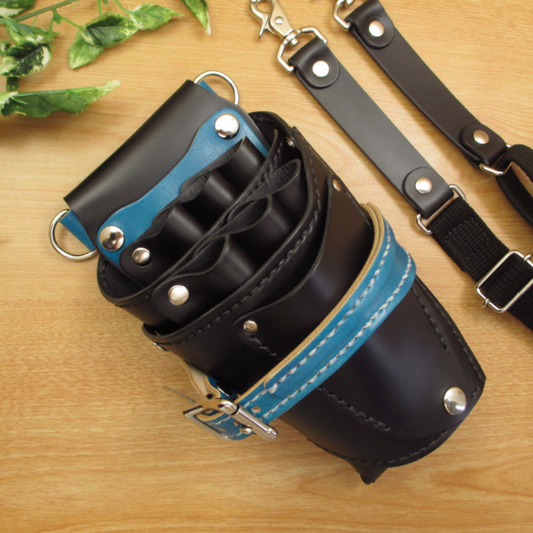 本革 手縫い 6丁差しシザーケース (ブラック×ブルー) SCA-150/CKB