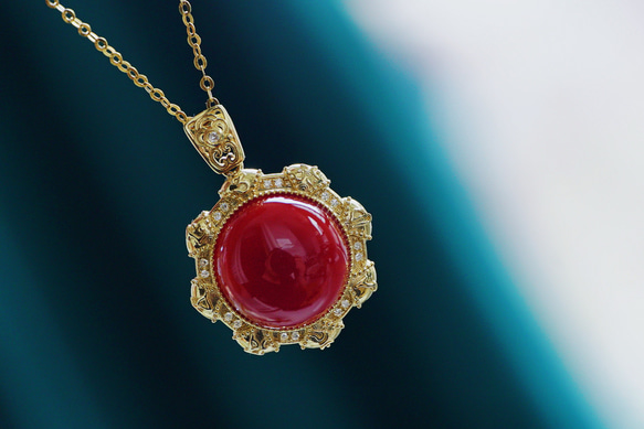 太陽」 K18イエローゴールド 天然血赤サンゴ 珊瑚 天然ダイヤモンド