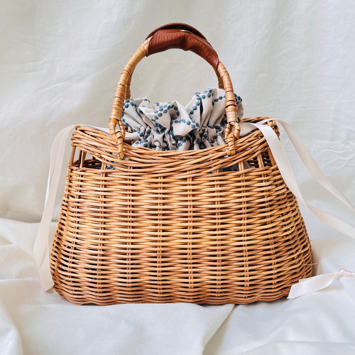 ミナペルホネンtambourine巾着付き＊ナチュラルかごバッグ かごバッグ