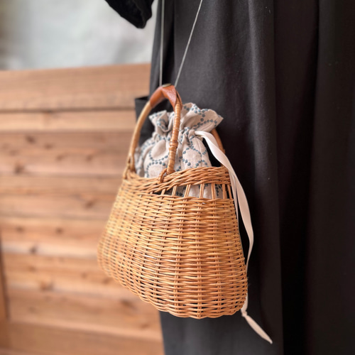 ミナペルホネンtambourine巾着付き＊ナチュラルかごバッグ かごバッグ