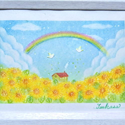 パステルアート ひまわり畑と虹の夏空 パステル画原画 絵画 T's Arts