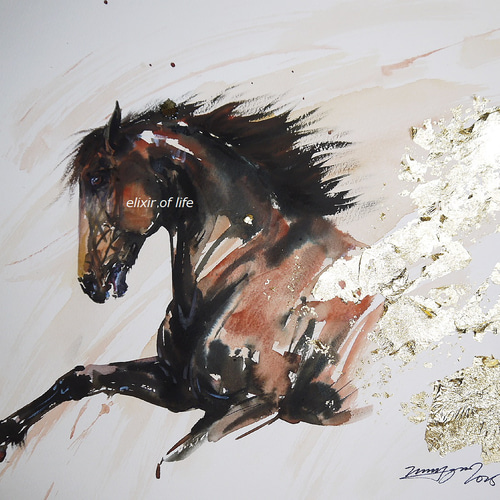 自由。駈ける野生な馬2025」墨、アクリル、水彩、金箔、高級水彩画