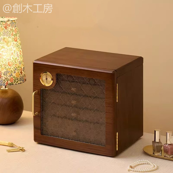 木製ジュエリーボックス 花柄グラス付き扉 大容量 アクセサリーケース