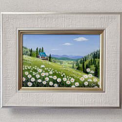 アクリル画 原画 「シロツメクサの咲くフィールド02」額縁付 F3