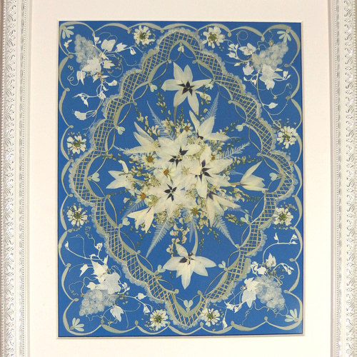 クリスマスセール 押し花額 押し花アート 白い花 展覧会出展作品