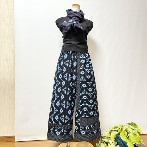 青柄久留米絣＊＊ワイドパンツ＋ストール＊着物リメイク キュロット