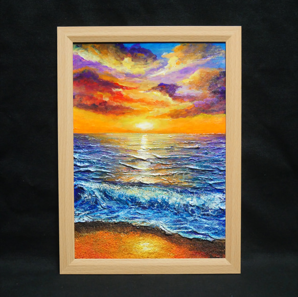 油絵 油彩 油彩画 絵 絵画 【水平線に沈む夕日】A4 絵画 HR 通販