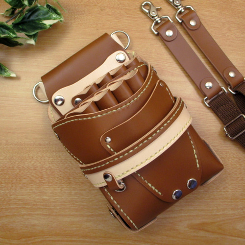 トリマー向き】 本革 8丁差し シザーケース (キャメル×ナチュラル