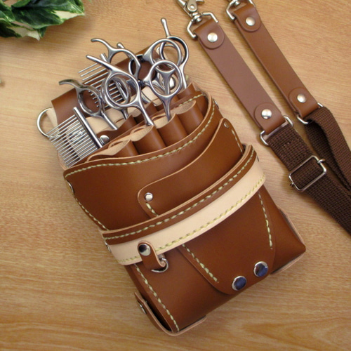 トリマー向き】 本革 8丁差し シザーケース (キャメル×ナチュラル