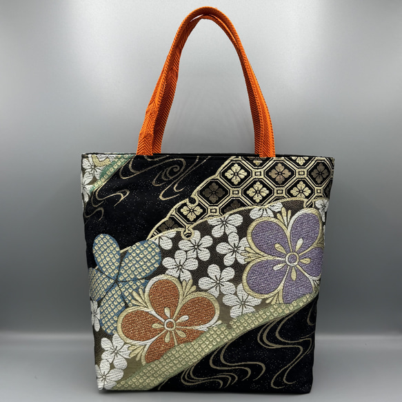着物 帯 リメイク ハンドメイド トートバッグ 黒 帯締め 桜 トート