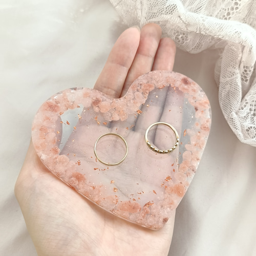 ピンクソルト＆銅箔のハートクリアトレー 塩 岩塩 お守り 天然石