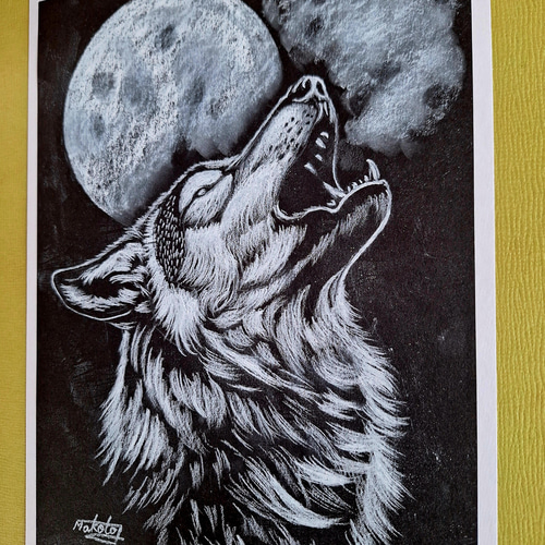 色鉛筆画 月夜のオオカミの遠吠え 絵画 makochin 通販 19836748